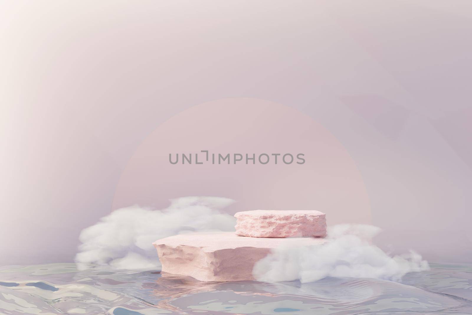 3d Beauty premium pedestal product display with Dreaming land and fluffy cloud. Minimal pastel sky and clouds scene for present product promotion and beauty cosmetics. Romance land of Dreams concept.