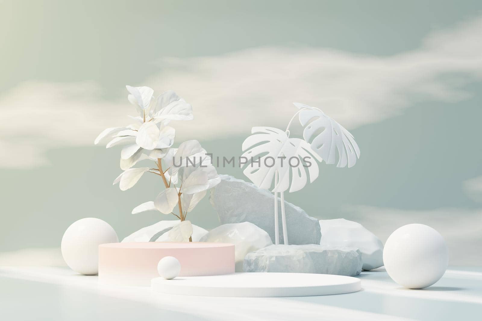 3d render of abstract pedestal podium display with Tropical leaves and Blue sky clouds pastel and plant scene. Product and promotion concept for advertising. Blue pastel natural background.