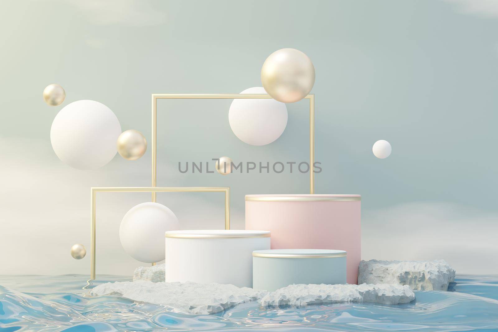 3d Beauty premium pedestal product display with Dreaming land and fluffy cloud. Minimal blue sky and clouds scene for present product promotion and beauty cosmetics. Romance land of Dreams concept.