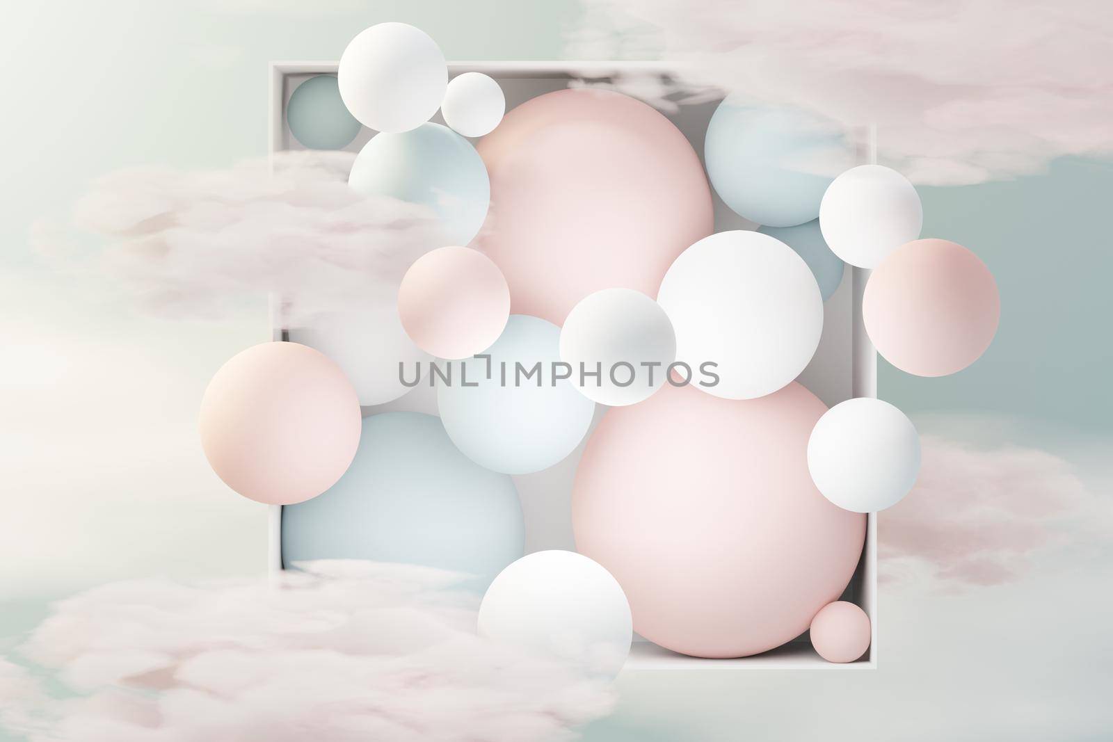 3d render of pastel ball, soaps bubbles, blobs that floating on the air with fluffy clouds and ocean. Romance land of dream scene. Natural abstract dreamy sky. by tanatpon13p