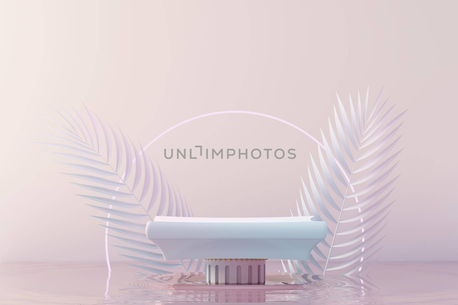 3d Beauty premium pedestal product display with Dreaming land and fluffy cloud. Minimal pastel sky and clouds scene for present product promotion and beauty cosmetics. Romance land of Dreams concept.