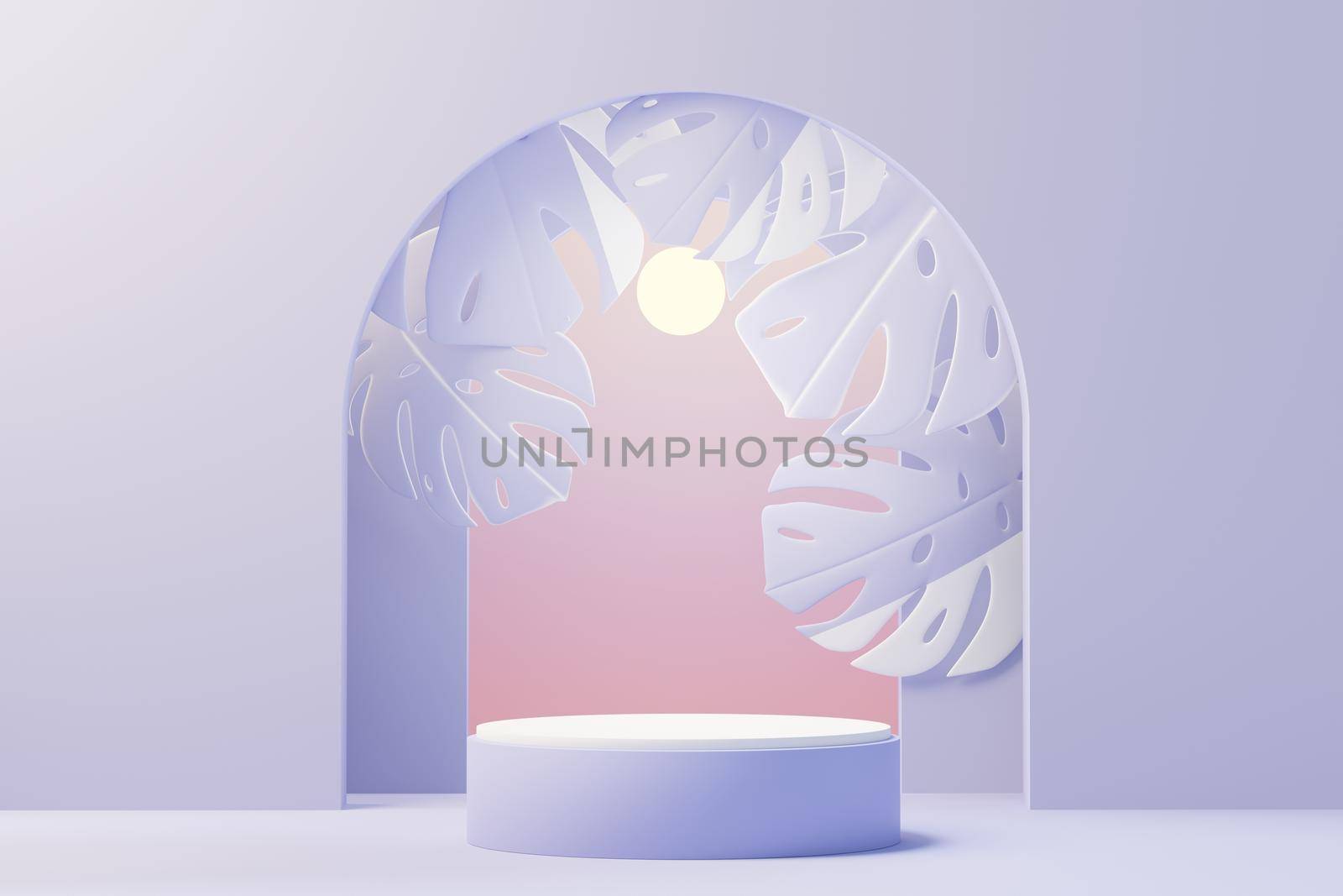 3d render of Beauty podium with Very Peri color of the year 2022 design for product presentation and advertising. Minimal pastel sky and Dreamy land scene. Romance concept.