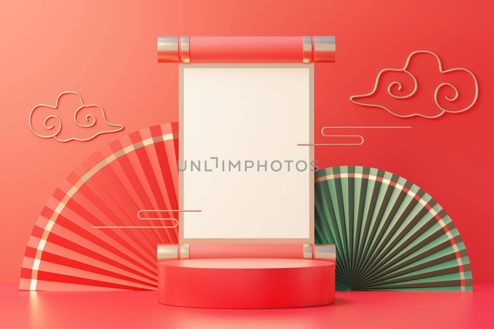 3d rendering of minimal scene of blank podium with Chinese lunar new year theme. Display stand for product presentation mock up. Chinese traditional texture.  by tanatpon13p