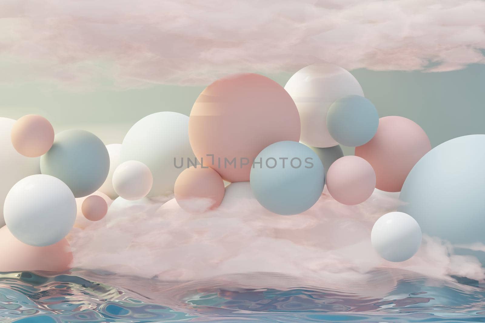 3d render of pastel ball, soaps bubbles, blobs that floating on the air with fluffy clouds and ocean. Romance land of dream scene. Natural abstract dreamy sky.