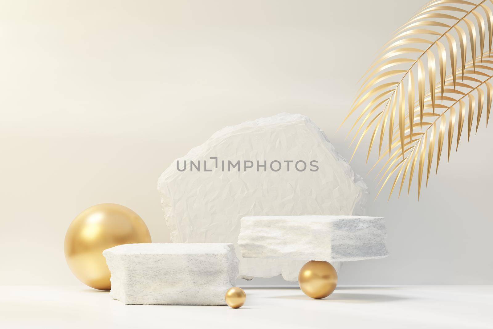 3d render of rock podium display with Tropical nature scene. Product and promotion concept for advertising. Abstract Stone pedestal for presentation objects.