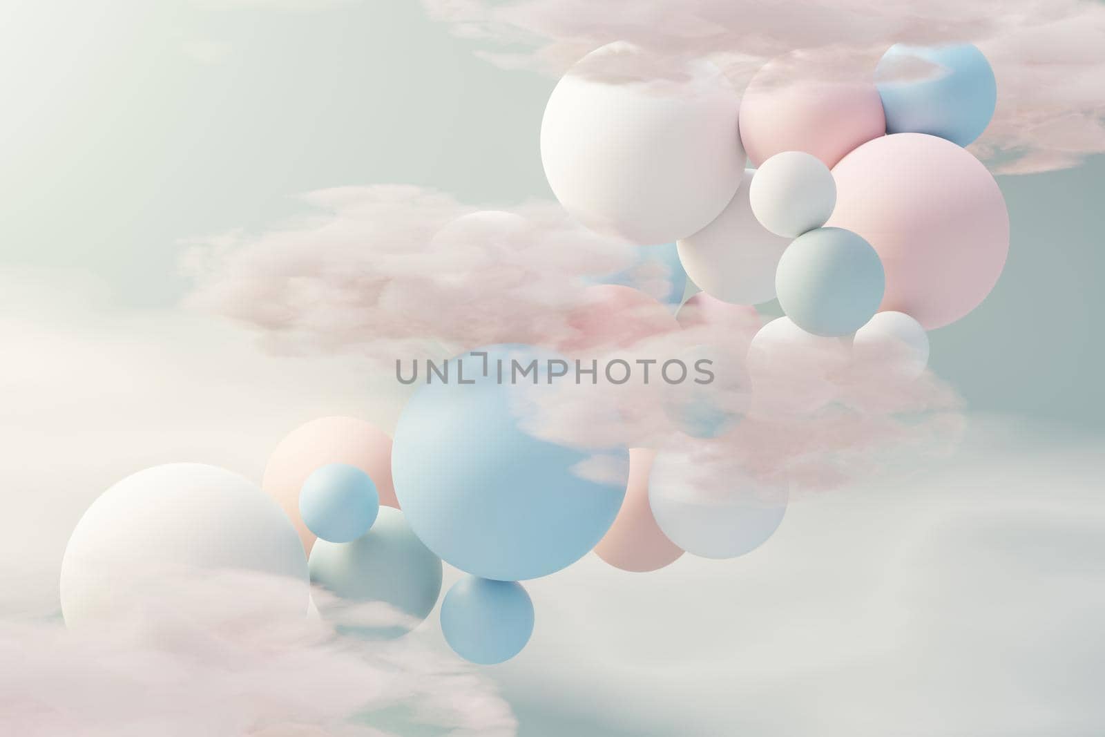 3d render of pastel ball, soaps bubbles, blobs that floating on the air with fluffy clouds and ocean. Romance land of dream scene. Natural abstract dreamy sky. by tanatpon13p