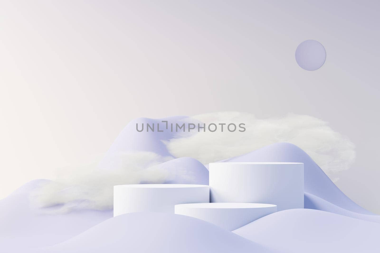 3d render of Beauty podium with Very Peri color of the year 2022 design for product presentation and advertising. Minimal pastel sky and Dreamy land scene. Romance concept. by tanatpon13p