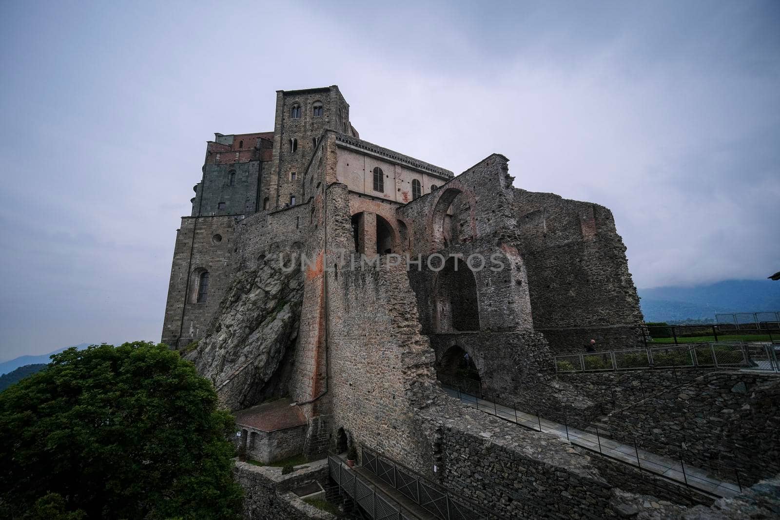 Sacra di San Michele in Turin, view from below of the cliff and walls. High quality photo