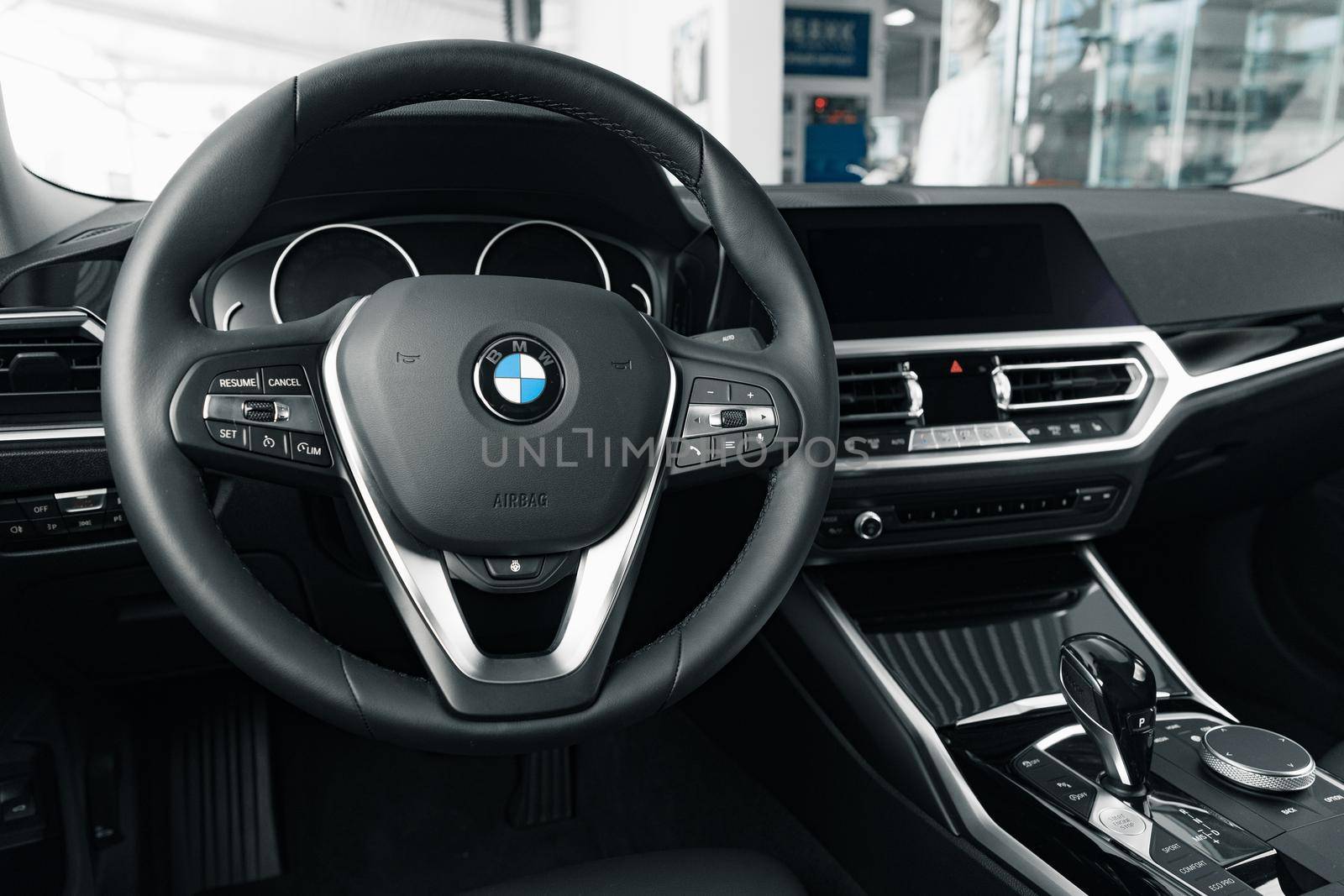 KRASNODAR, RUSSIA - NOVEMBER 19, 2020: BMW 2 Series Gran Coupe steering wheel in car showroom
