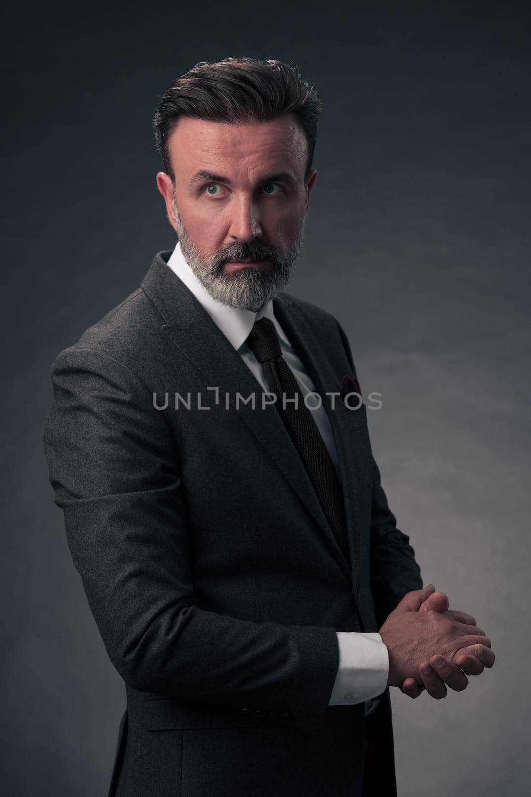 Portrait of a stylish elegant senior businessman with a beard and casual business clothes in photo studio isolated on dark background gesturing with hands by dotshock