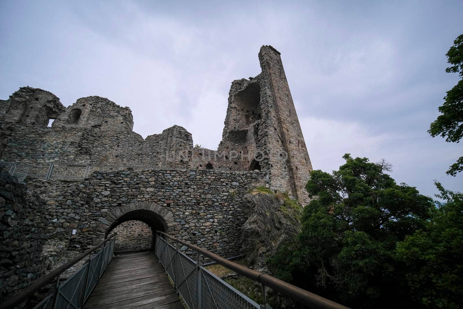 Sacra di San Michele in Turin, view from below of the cliff and walls. High quality photo