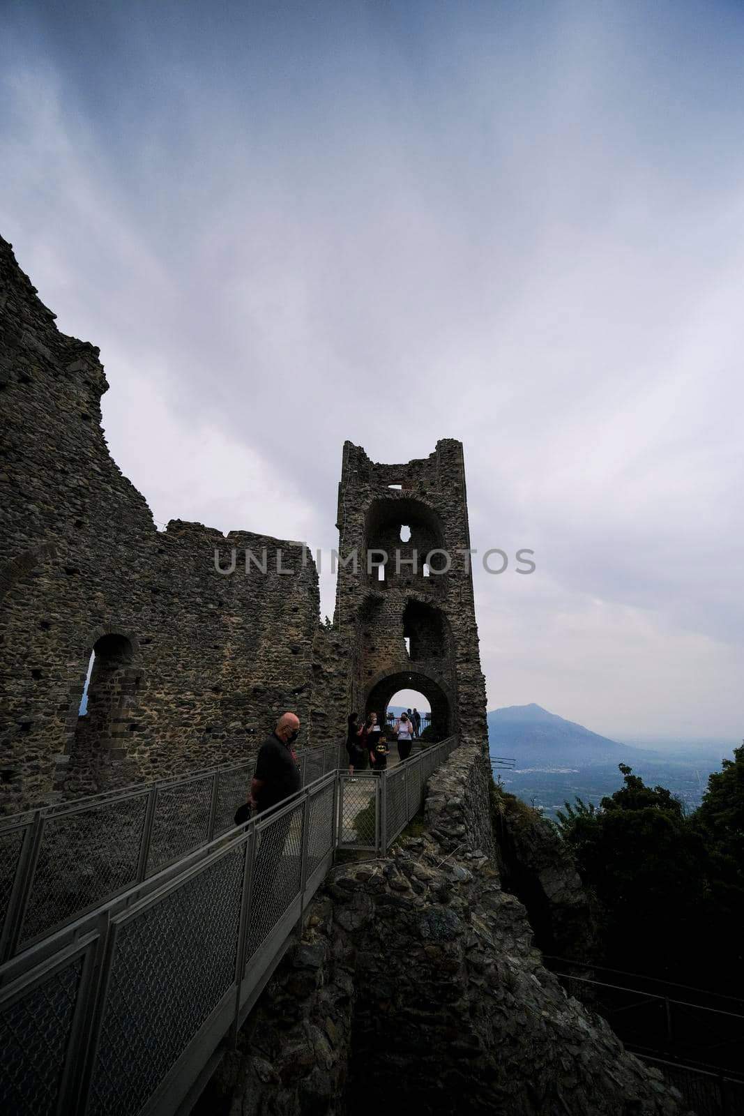 Sacra di San Michele in Turin, view from below of the cliff and walls. High quality photo
