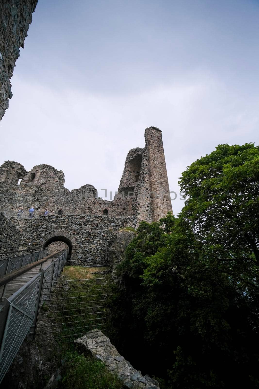 Sacra di San Michele in Turin, view from below of the cliff and walls. High quality photo