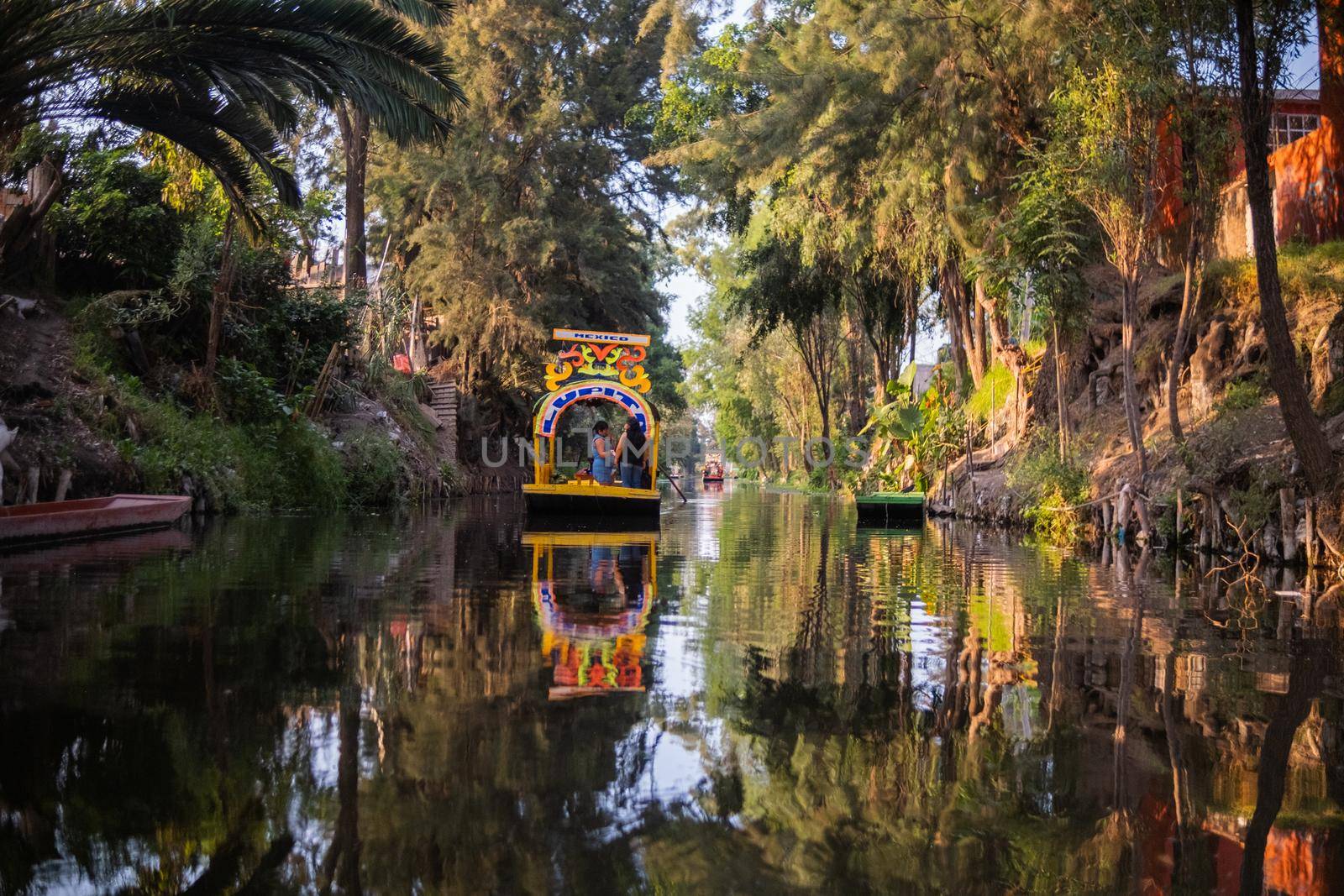 Traditional colorful trajinera surrounded by trees in Xochimilco lake by Kanelbulle