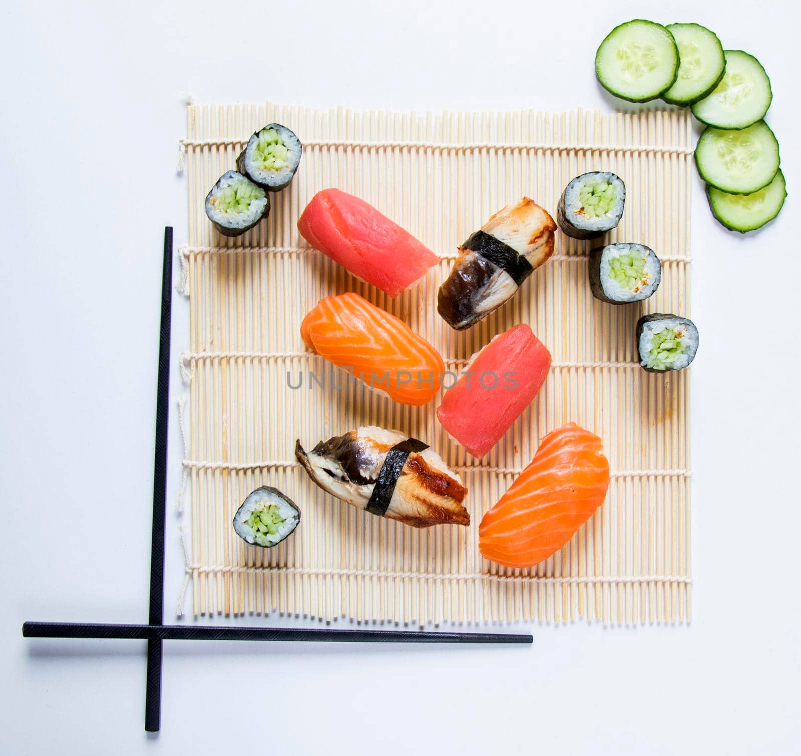 Japanishe food Nigiri sushi set, salmon, tuna and shrimp sushi, high angle view