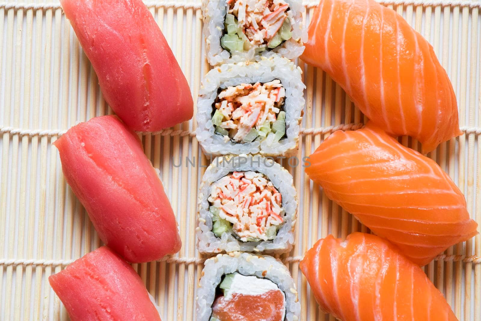 Japanishe food Nigiri sushi set, salmon, tuna and shrimp sushi, high angle view