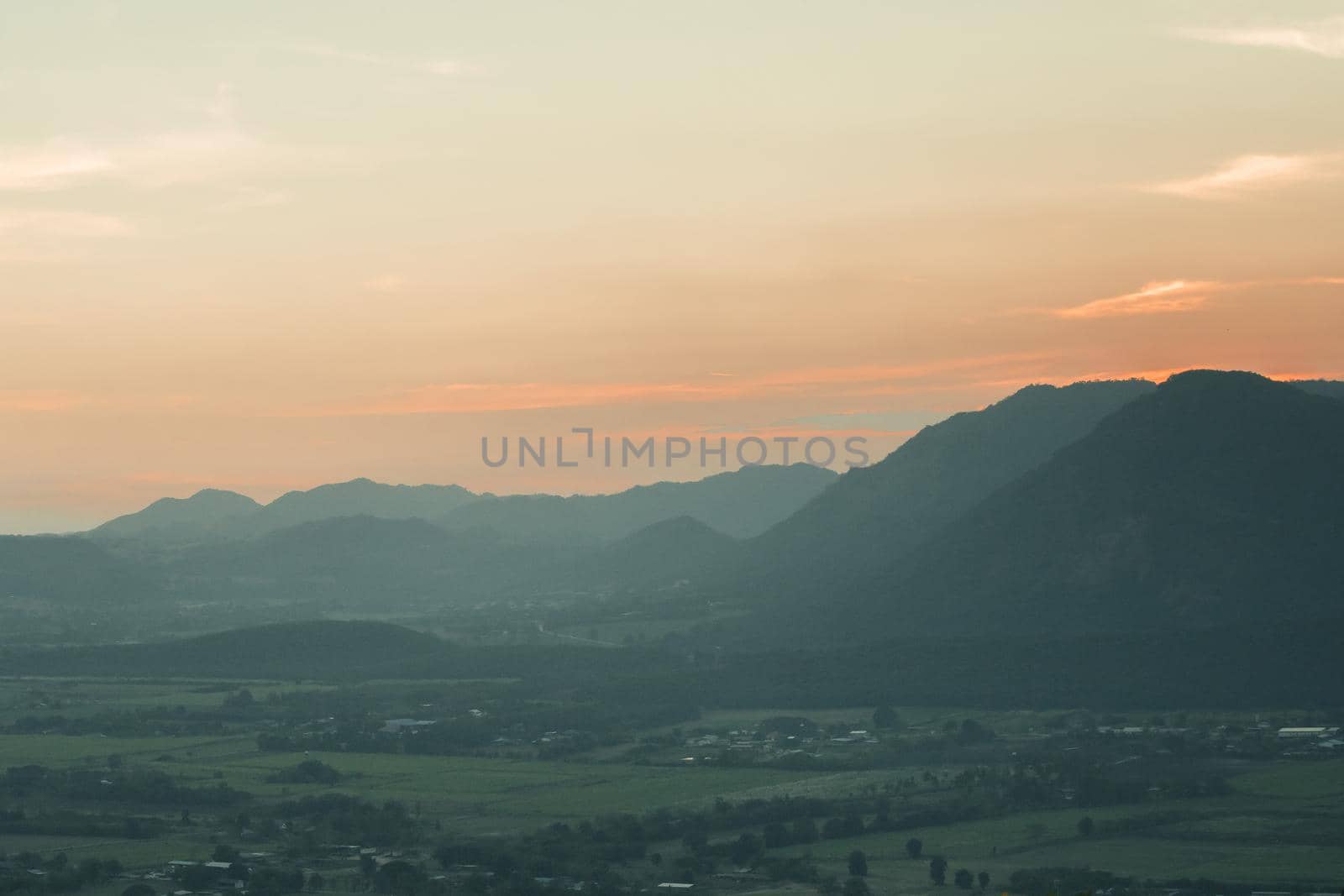 The landscape of green rice fields with the evening light of the sun contrasting with the sky.