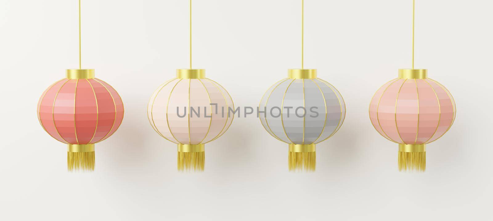 Chinese new year or Chinese lantern festival. Hanging lantern elements Traditional Asian decor on white background, CNY scene graphic design, 3D Rendering Illustration