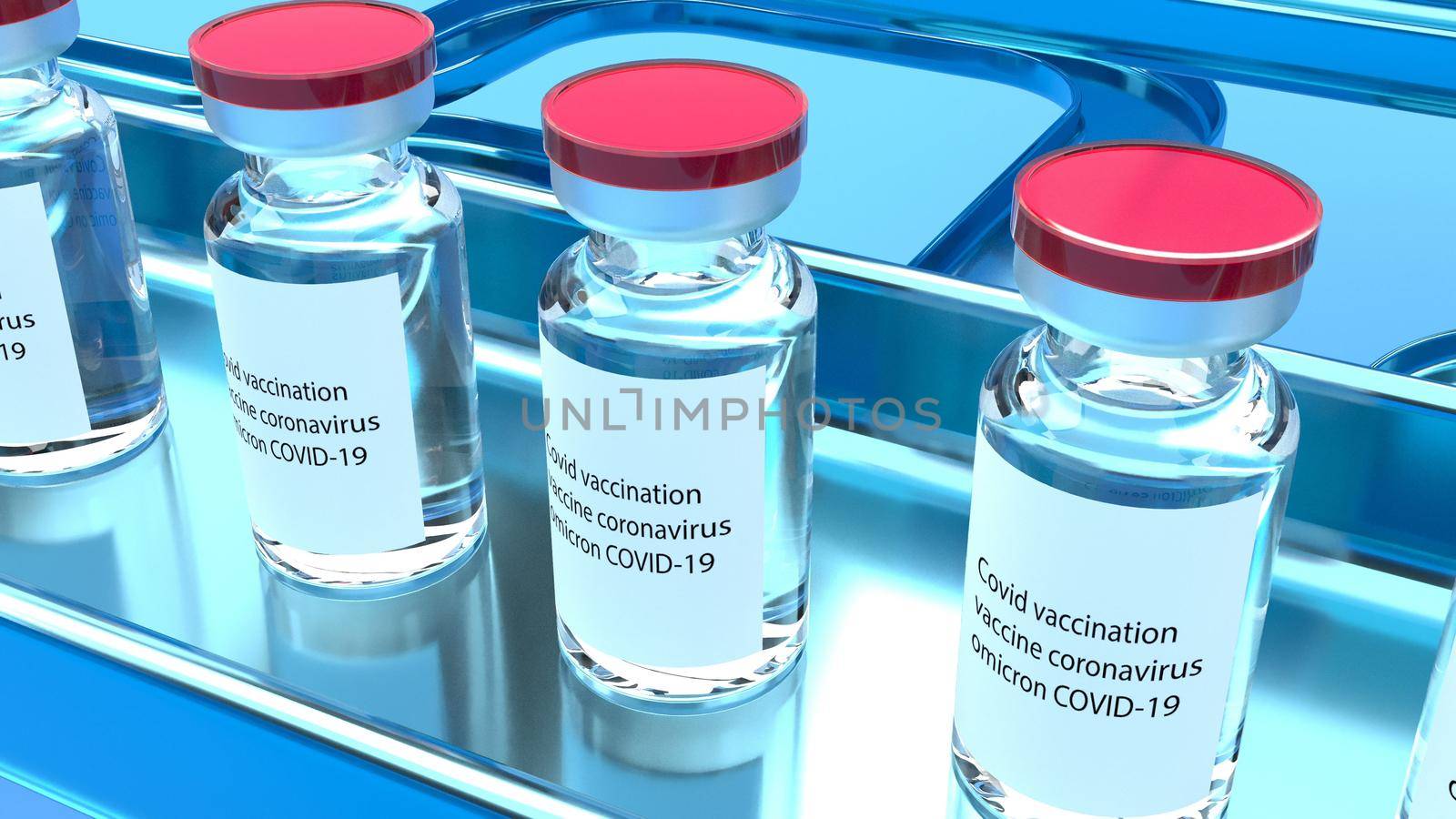 Conveyor with ampoules covid Quarantine coronavirus infection protection Pharmaceutical factory Production process Coronavirus vaccine 3d render by Zozulinskyi