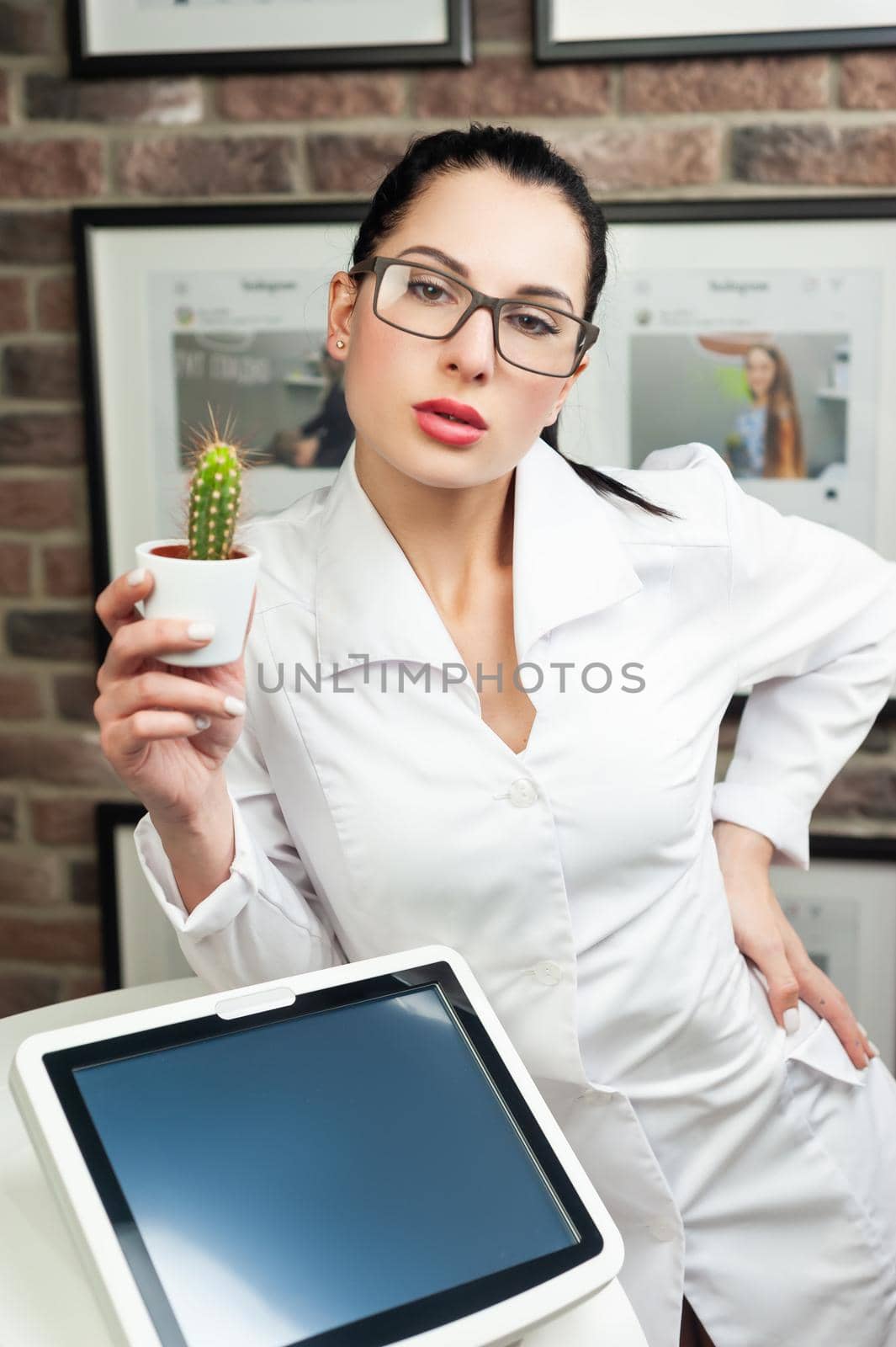 a woman in a laser hair removal studio with a cactus in her hand as a symbol of unwanted hair growth by Rotozey