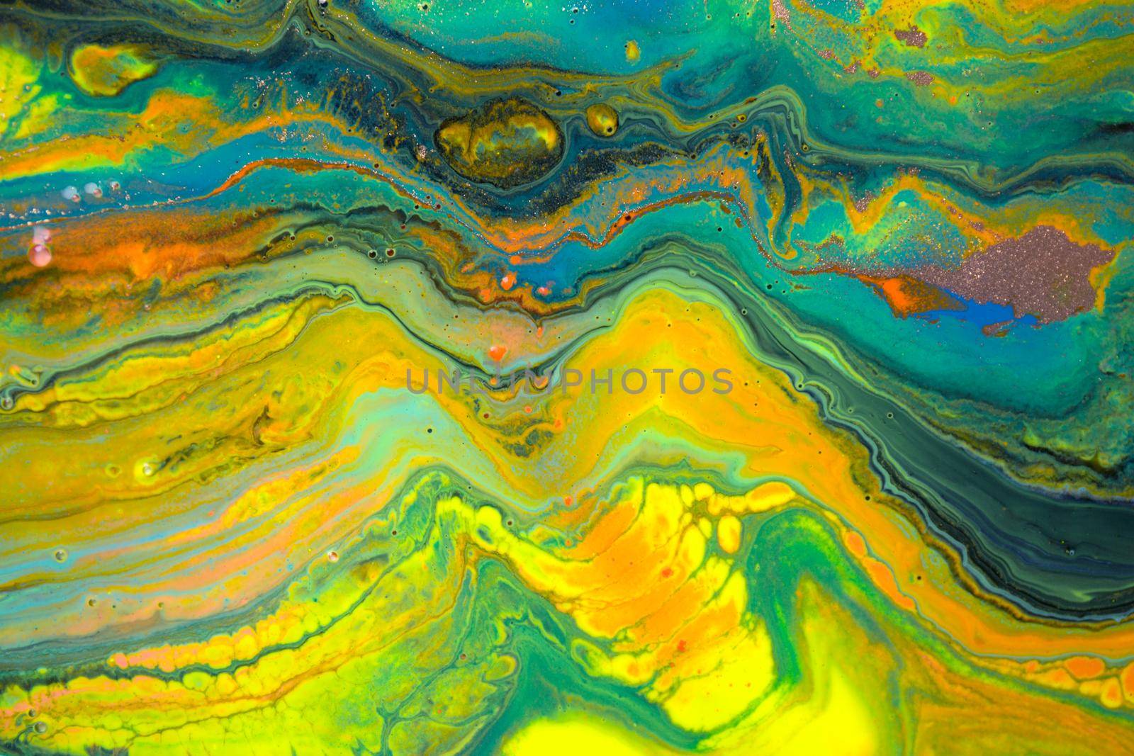 Abstract fluorescent ink mix with gold dust