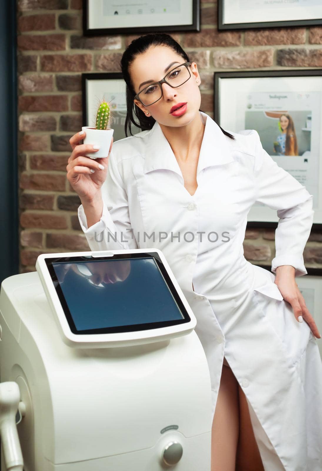 a woman in a laser hair removal studio with a cactus in her hand as a symbol of unwanted hair growth by Rotozey