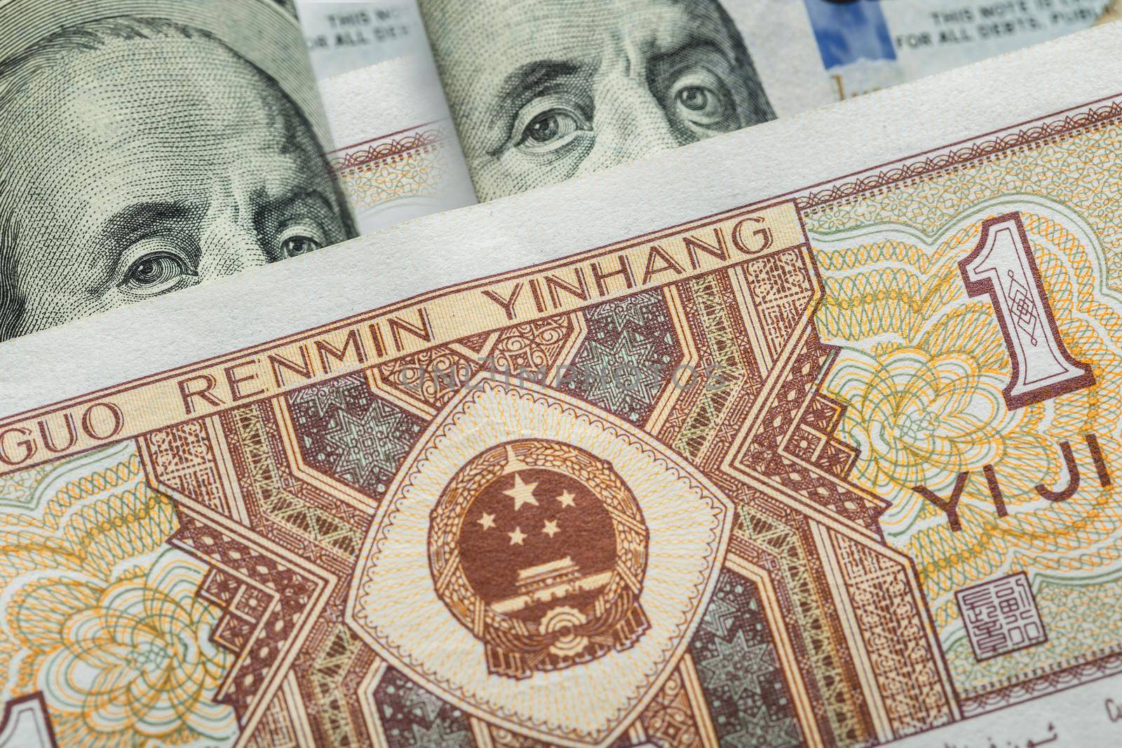 One Chinese yuan banknote onto various us dollar by AlexGrec