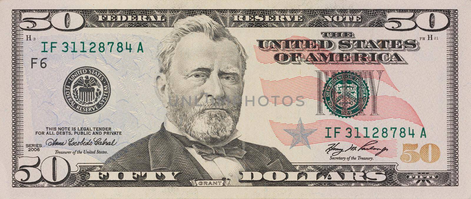 Portrait of former U.S. president Ulysses Grant. macro from 50 dollars bill