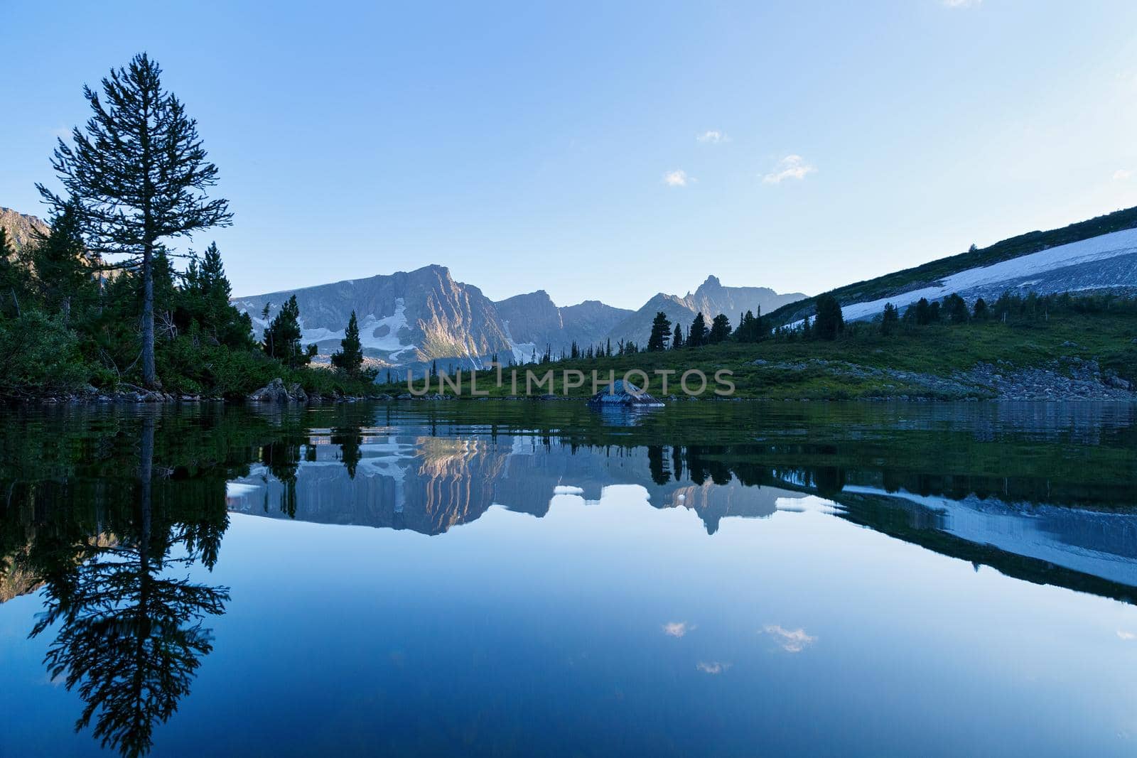 reflection of the mountain on water, mirror image of mountains in water by AlexGrec