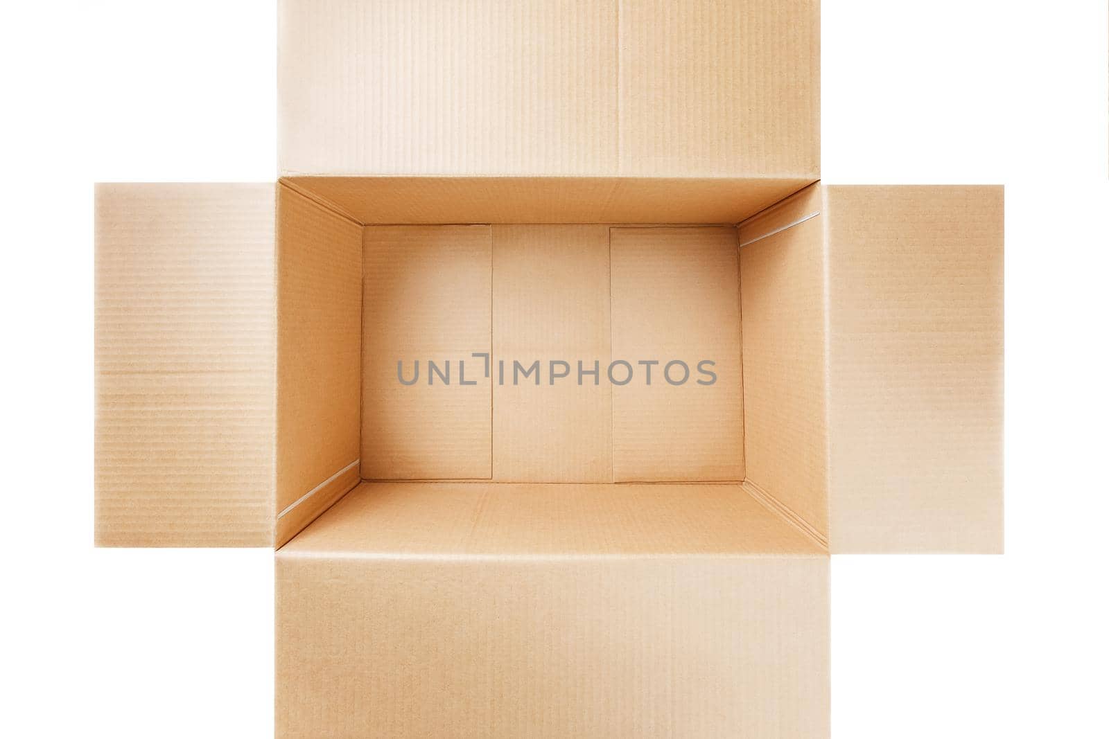 Empty cardboard box, inside view. Empty space for cargo, parcel and gift. Open cardboard box isolated on white background. Top view.