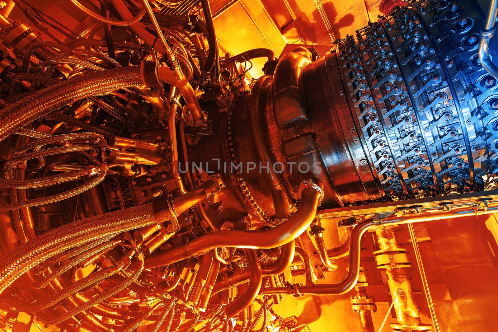 Gas turbine engine located inside the aircraft. Clean energy in a power plant used on an offshore oil and gas refining central platform. Oil gas, ecology and clean energy concept. Power and takeoff
