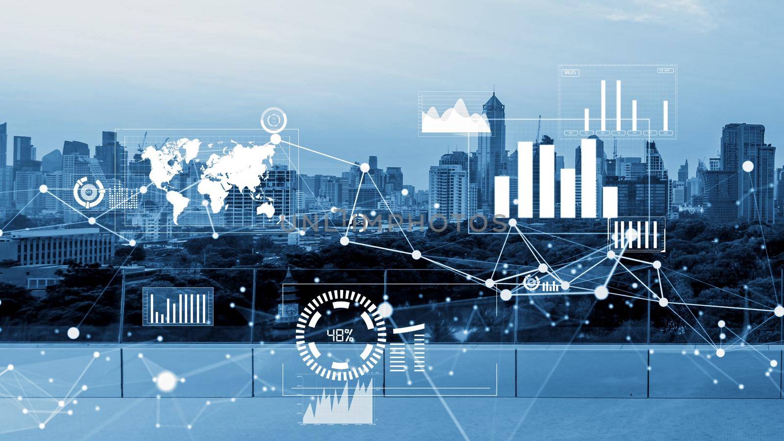 Business data analytic interface fly over smart city showing alteration future of business intelligence. Computer software and artificial intelligence are used to analyze big data for strategic plan .