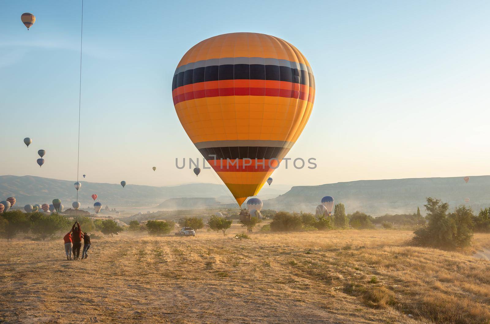 Hot air balloons flying over Cappadocia, Turkey