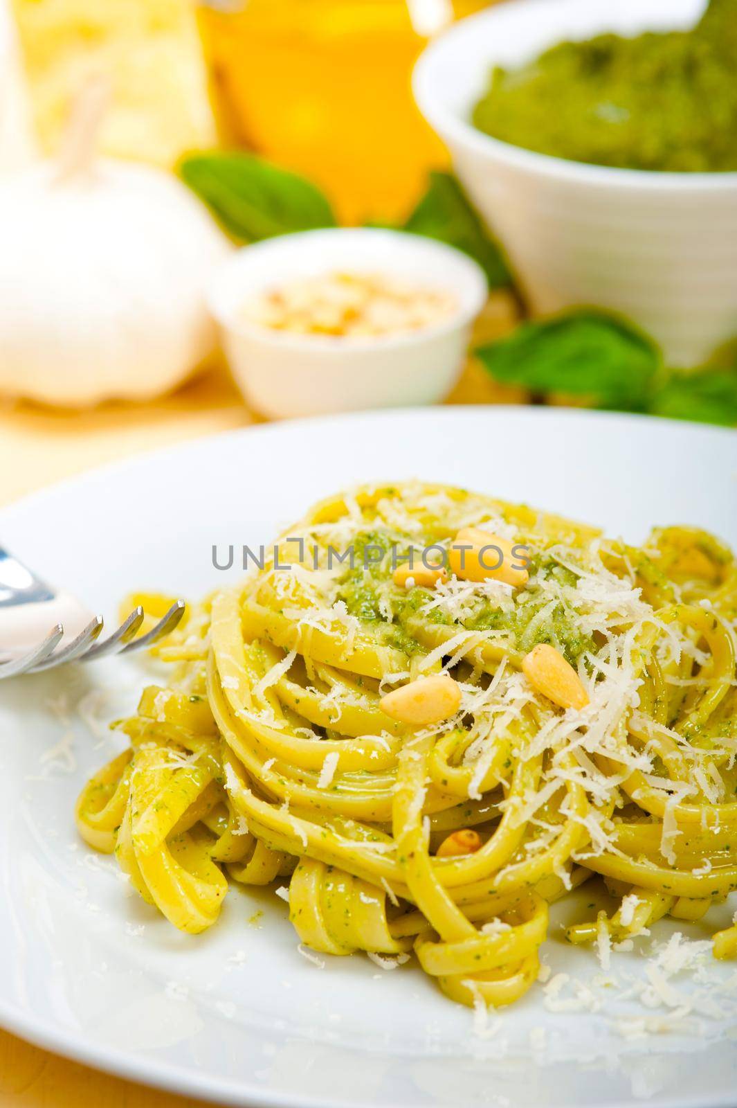 Italian traditional basil pesto pasta ingredients by keko64