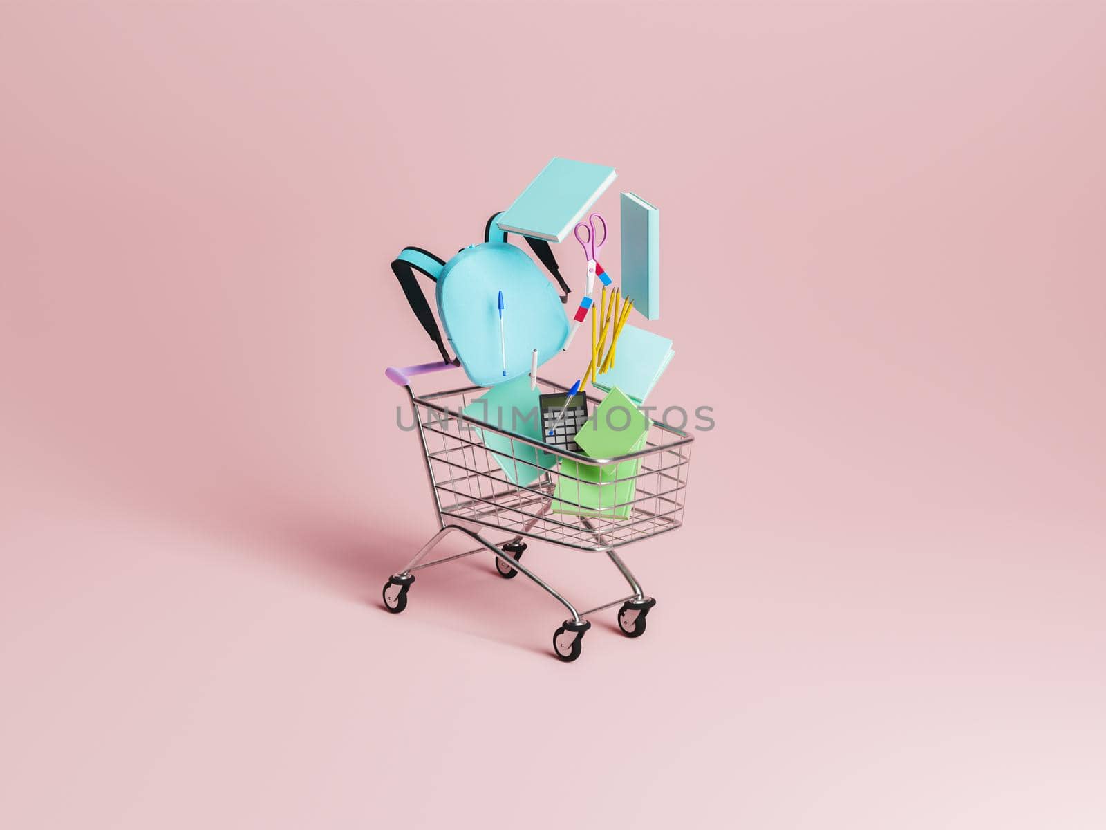 shopping cart with school supplies falling inside it with minimalistic background by asolano