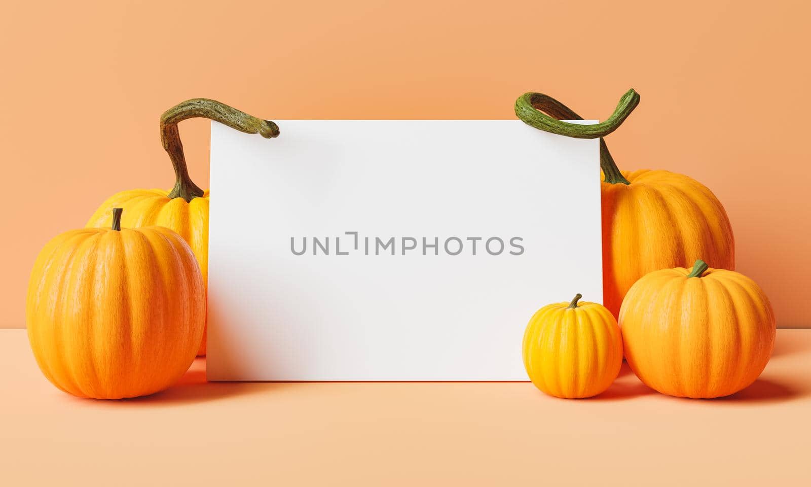 blank frame with pumpkins around with long stems on pastel background in autumn concept. 3d rendering