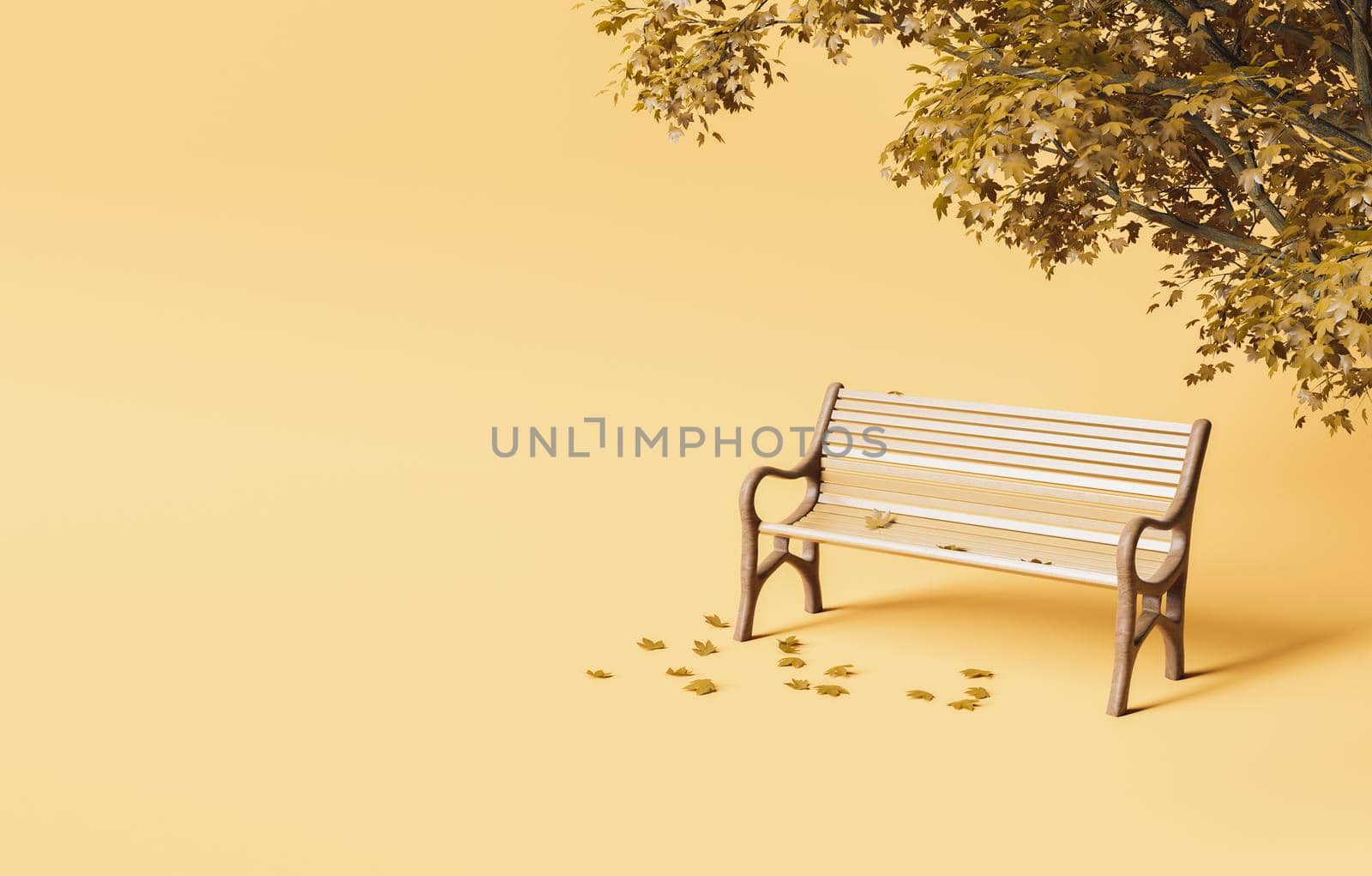 park bench under autumn tree with fallen leaves on soft studio background by asolano