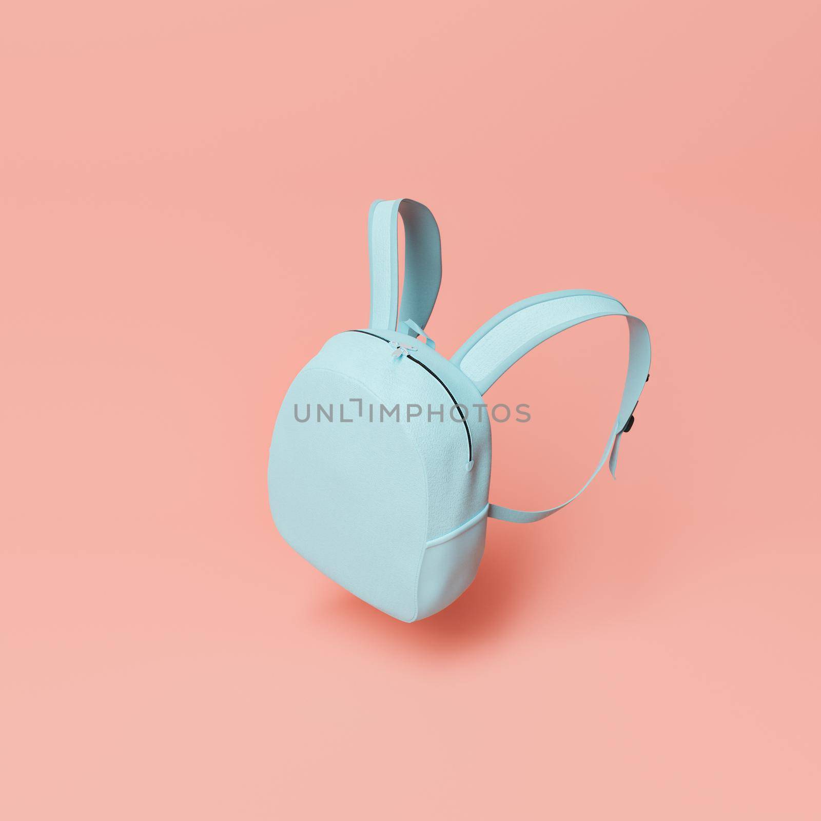 minimalistic scene of a small blue school bag floating in the air with a red pastel background. concept of education and back to school. 3d rendering