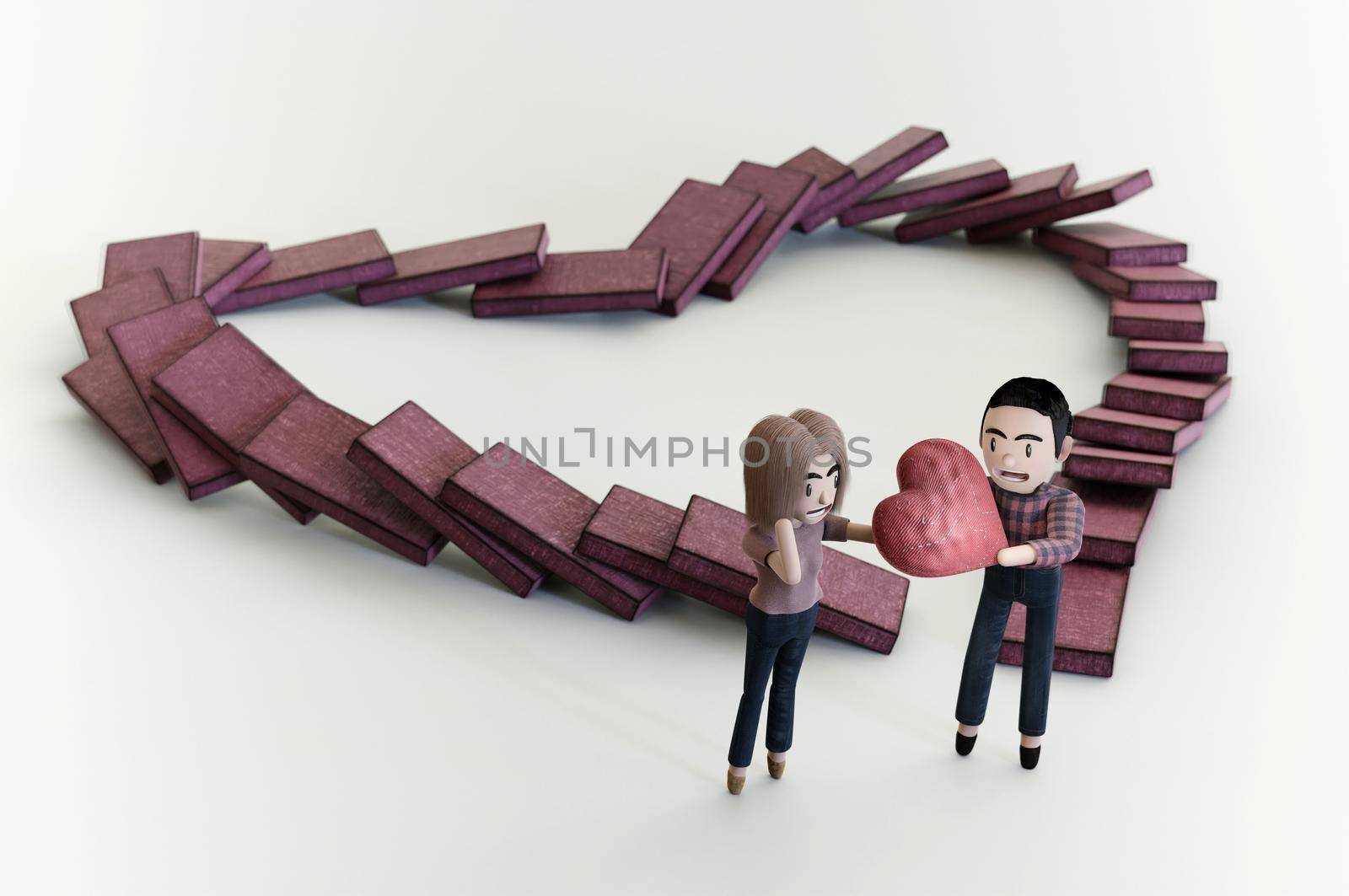 3d illustration. Man begging a woman for love by giving a big heart on Dominoes  in heart shape background  . by Hepjam