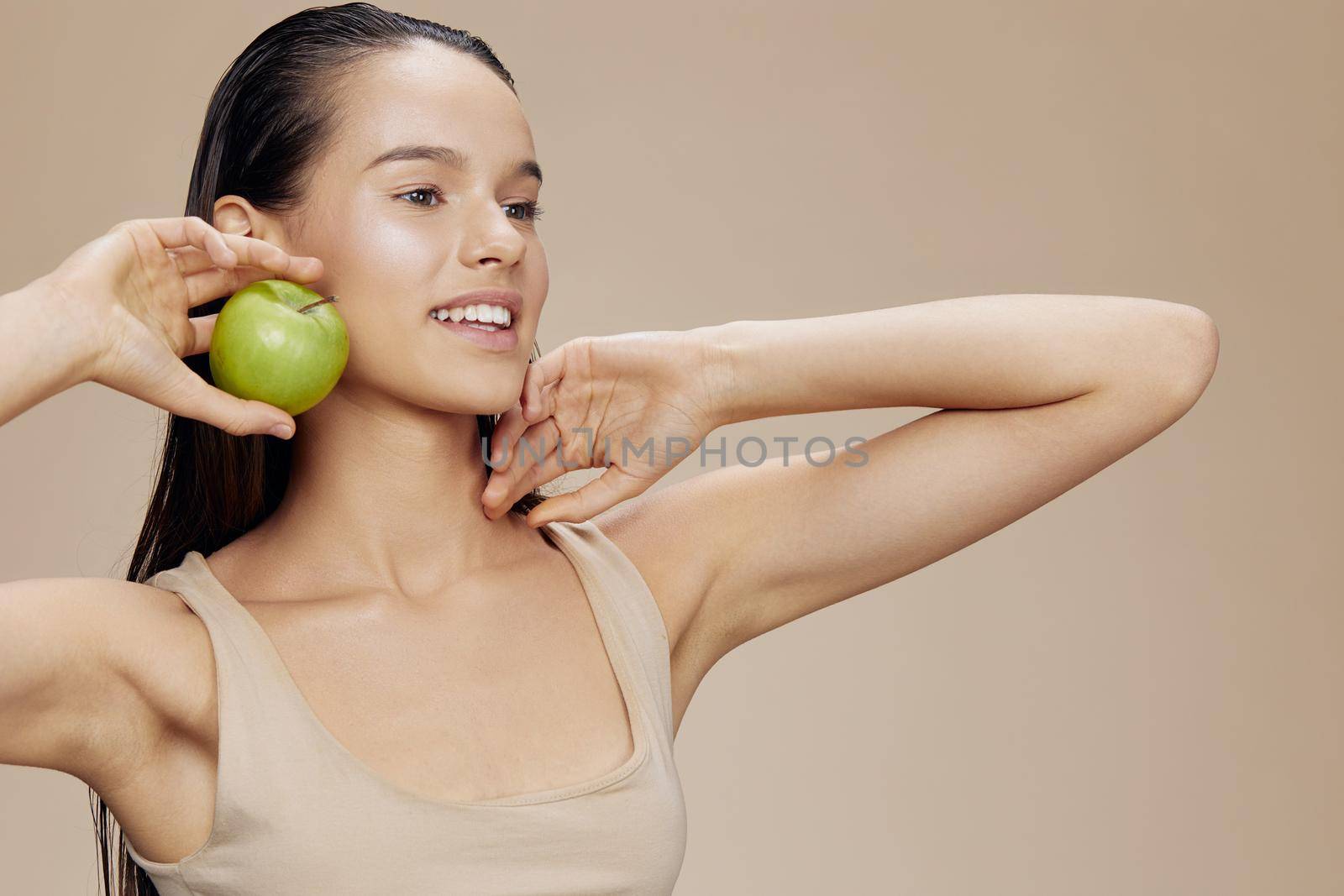 portrait woman happy smile green apple health isolated background. High quality photo