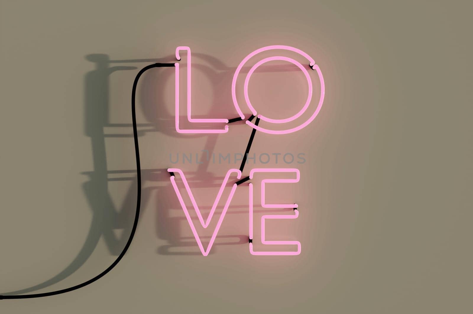 3d illustration . Neon sign. Retro neon Love sign on brown wall  . CONCEPT Happy Valentine's Day. for design, greeting card, banner.