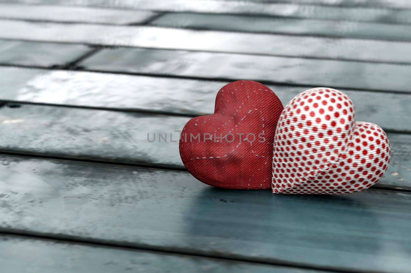 3d illustration.Valentines day concept. hand make two red heart on wooden table by Hepjam
