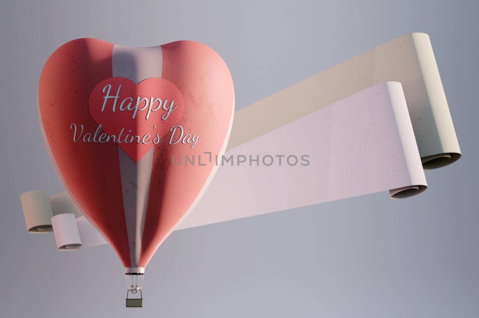 3d illustration. Happy Valentine's Day greeting card with heart shape hot air balloon . SPACE FOR TEXT