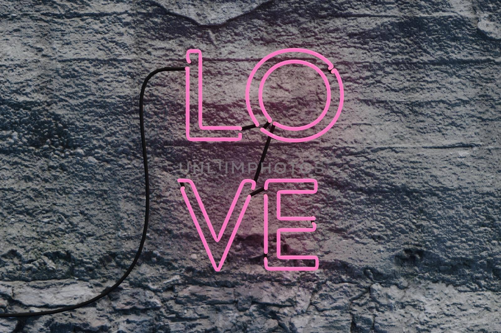 3d illustration . Neon sign. Retro neon Love sign on cement wall . CONCEPT Happy Valentine's Day. for design, greeting card, banner.