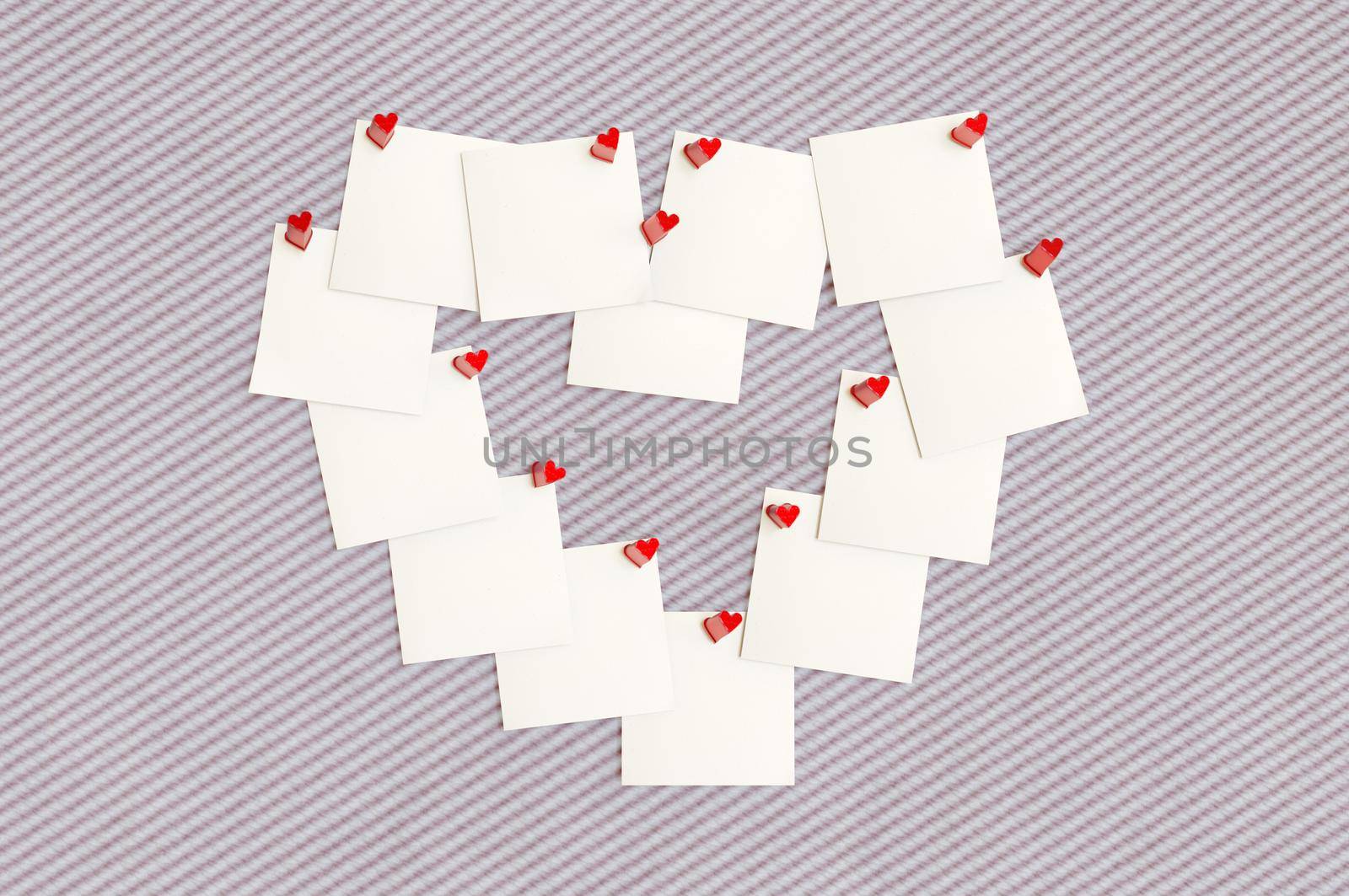 3d illustration. Blank note paper making shape of heart  pinned cork board. space for text