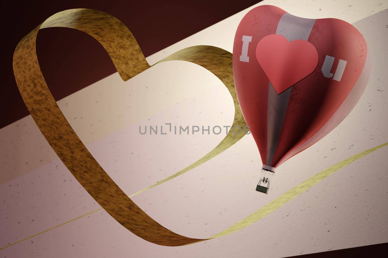 3d illustration. Happy Valentine's Day greeting card with heart shape hot air balloon . SPACE FOR TEXT
