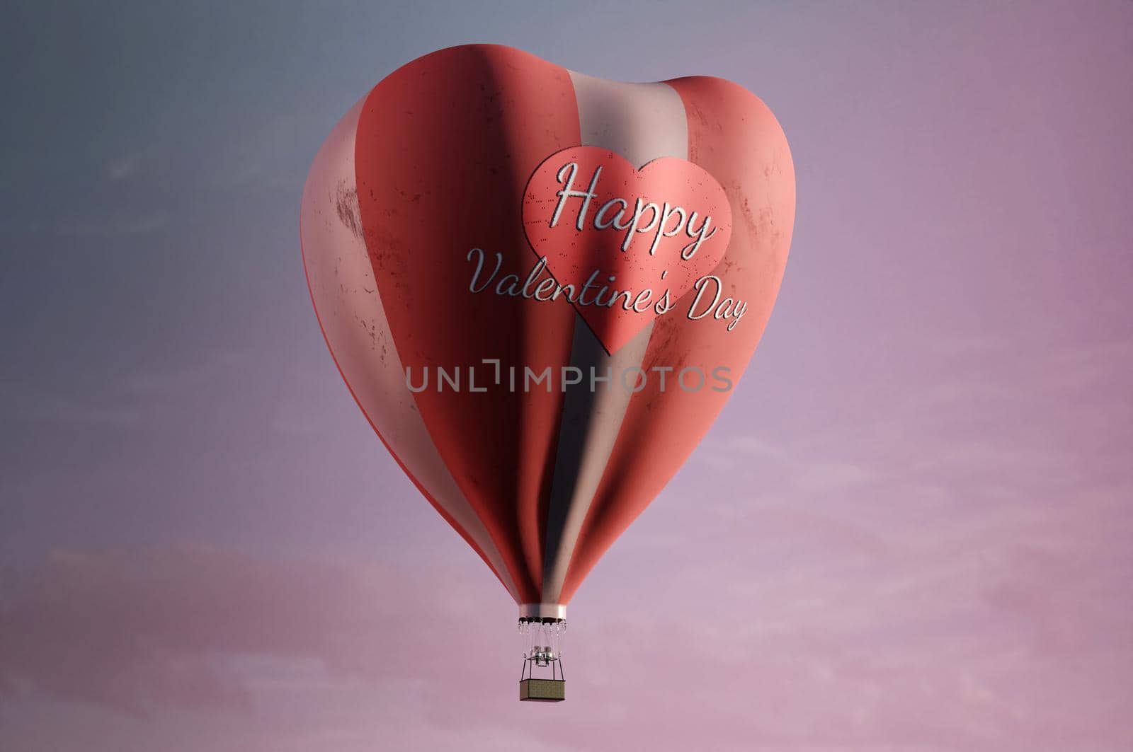 3d illustration. Happy Valentine's Day greeting card with heart shape hot air balloon