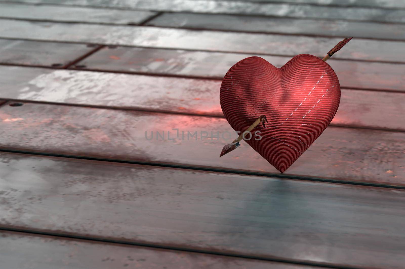 3d illustration. Cupid heart arrow on wood background.