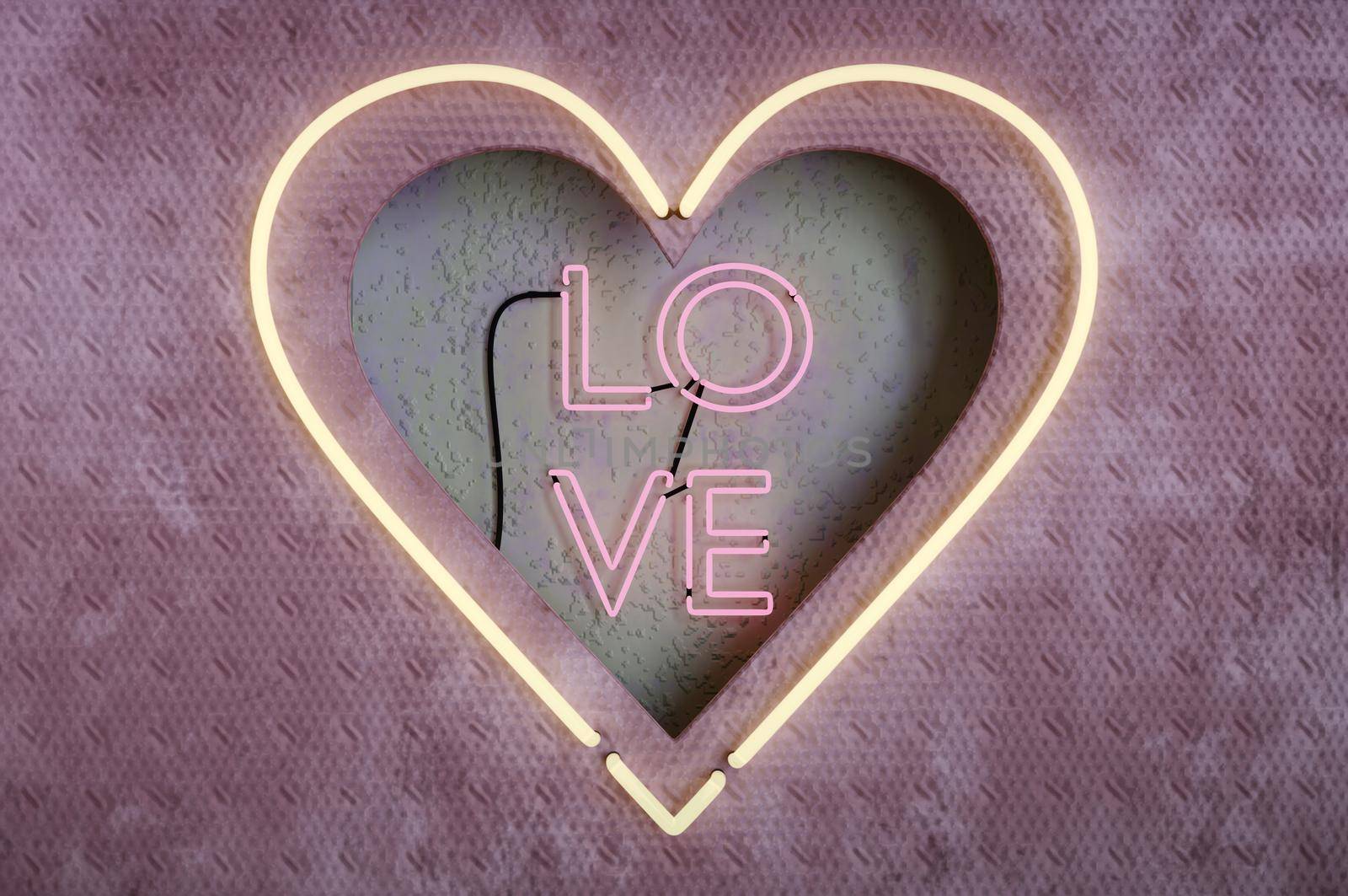 3d illustration . Hole heart shaped inside Retro neon Love sign on cement wall . CONCEPT Happy Valentine's Day. by Hepjam