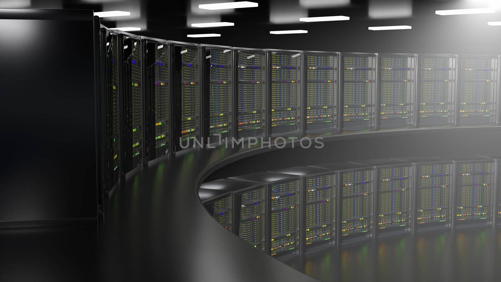 Server. Server racks in server room cloud data center. Datacenter hardware cluster. Backup, hosting, mainframe, mining, farm and computer rack with storage information. 3d illustration